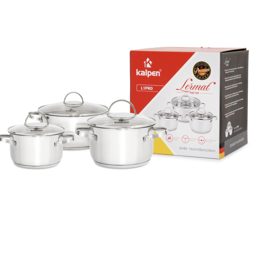 Bộ 3 nồi Inox 5 lớp đáy Kalpen Lermat L1Pro 16-20-24cm
